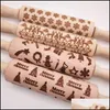 Rolling Pins Pastry Boards Christmas Embossed Pin Engraved Carved Wood Baking Cookies Biscuit Fondant Cake Dough Roller Reindeer S Dh5Oy