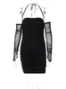 Casual klänningar sexig halter bandage svart mini för kvinnor elegant utanför axel rygglös ruched bodycon mesh prom klänningsklubb party klänning