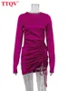 Casual jurken ttqv herfst roze satijn skinny jurk mode o nek lange mouw mini jurk elegante slanke damesjurk 230330