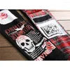 Pantalones vaqueros para hombre, pantalones vaqueros con estampado de retazos a cuadros de calaveras Punk, ropa de calle, pantalones ajustados negros de moda Harajuku