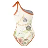 Floral Printed Swimsuit Fashion One Shoulder Swimwear Patchwork Padded Bathing Suit Womens Beach Dress Two Piece Set