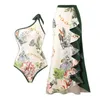 Floral Printed Swimsuit Fashion One Shoulder Swimwear Patchwork Padded Bathing Suit Womens Beach Dress Two Piece Set