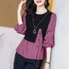 Women's Polos Summer Women Fake Two Shirts Splicing 34 Sleeve Elegant Female Pullover Slim Fit Fashion Miss AllMatch Bottoming 230330