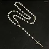Pendant Necklaces 8mm High Quality Crystal Pearl Stone Rosary Necklace Glass Jesus Long Cross