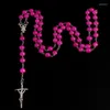 Pendant Necklaces 8mm High Quality Crystal Pearl Stone Rosary Necklace Glass Jesus Long Cross