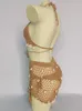 Kvinnors badkläder Kvinna Bikini Set Crochet Shell Tassel Top Sexig thong Bottom Se genom ihåliga bandage Hög midja Kort strandkjol 230329