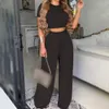 Women's Two Piece Pants Summer Elegant Women Solid Casual Fitness Tracksuit Set Outfits Short Sleeve Crop Tops Trouser Flare Pants 2 Two Piece Set 230330