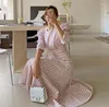 Casual Dresses Korean Chic Elegant Spring Pink Plaid Tweed Long Dress 2023 Women O Neck Puff Sleeve Slim Waist Ladies Ball Gown Vestidos