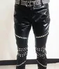 Men's Jeans Idopy Nightclub DJ Singer Gothic Punk Rock Rivet Faux Leather Pants Hip Hop Stage Costume Mens Studded Motorcycle tTrousers 230330