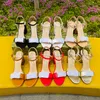 Słynny projektant damskie letnie sandały luksusowe wysokie obcasy metalowe blokujące laminowane skórzane sandały na średnim obcasie zamszowe sandały wesele buty rozmiar 35-42
