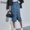 Skirts Benuynfy Single Chest Knee Length Denim Ski Women's Street Clothing Casual Pockets High Waist Straight Jeans 230330