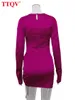 Casual jurken ttqv herfst roze satijn skinny jurk mode o nek lange mouw mini jurk elegante slanke damesjurk 230330