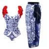 Beach Skirt Blue White Porcelain Swimwears Red Petal Shoulder Strap Print Swimsuits High Waist Beach Clothes for Women