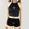 Tute da donna 4 colori Sexy Women Rose Embroidery Velvet 2 Two Piece Set 2023 Halter Tank Camis Crop Top con mutandine brevi Completi Outfit