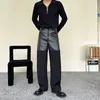 Men's Jeans Patchwork Leather Pants Men Streetwear Fashion Loose Casual Straight Trousers Male Japan Korean Style Black Suit 230330
