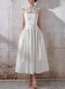 캐주얼 드레스 Aeleseen Women Spring Spring Summer White Dress Runway Fashion Sleeveless Flower Emboidery 버튼 우아한 긴 파티 휴가