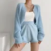 Femmes tricots Sexy recadrée Cardigan tricoté Sexyshort chandails pour femmes mode automne mignon hauts flou coréen à manches longues haut bleu