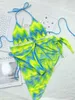 Women's Swimwear Tie Dye Halter Ruffled Bikini Female Micro Swimsuit Women 3 pieces set With Sarong Bather Bathing Suit Swim 230329