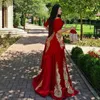 Festklänningar röd sammet kväll arabiska dubai spets applicerade marockanska kaftan prom klänningar hög nacke brud klänning för bröllop