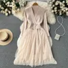 Kvinnor Casual Dresses Design Korean Maxi Autumn Sweet O Neck Puff Sleeve A-Line Dress Elegant Fashion Streetwear Long Dresses 2023