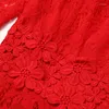 Vestidos casuais Chegada de outono inverno vermelho longo estilo renda de renda v pescoço de joelho de joelho mangas de flare ajuste e 14346