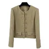 Spring Khaki Solid Color Panelled Tweed Jacket Long Sleeve Round Neck Buttons Double-Breasted Jackets Coat Short Outwear A2N086392