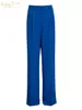 女性のズボンCapris Clacive Blue Office Women's Pants Fashion Loose Full Length Ladies Ounsersカジュアルハイウエストワイドパンツ女性230330