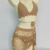 Kvinnors badkläder Kvinna Bikini Set Crochet Shell Tassel Top Sexig thong Bottom Se genom ihåliga bandage Hög midja Kort strandkjol 230329