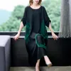 Casual Dresses Spring And Summer 2023 Short Sleeve Loose Large Silk Dress O Neck Vintage Black Satin Decorative Panel Knee Length DressGown