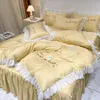 Falda de cama 4 Uds estilo princesa ropa de cama bordada funda nórdica funda de almohada ropa de cama de encaje para el hogar decoración de cama King 230330