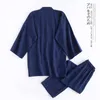 Mäns sömnkläder japanska enkla blå kimono -mantel Män 100% bomullspyjamas set herrbastu pyjamas 230330