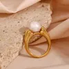Solitaire Ring 2023 New Casting Water Wave Texture Round Pearl Finger S For Woman Waterproof Steel Made Gold Color Index Jewelry Y2303