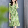 Casual Dresses 2023 Spring Summer Women's Green Dress Real Silk V-Neck Elegant For Women Ruffles Floral Woman Long A-Line