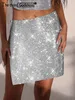 Skirts Sexy see through mini skirt women Summer beach club party shiny pencil s woman rave festival clothing 230330