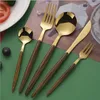 Dinnerware Sets 30Pcs Wood Steak Knife Stainless Steel Golden Cutlery Western Fork Teaspoon Set Tableware