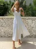 Casual Dresses Flower Print Tie Split Thick Kami Dress Summer White Sleeveless V-Neck Backless Beach Dress Women's Slide Kjol 230330