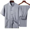 Survêtements pour hommes Classique Hommes Broderie Wushu Vêtements Vintage À Manches Courtes Taichi Uniforme D'été Coton Mâle Tang Costume Causal Dragon Chemise 3XL W0329