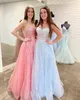 Robe de bal en tulle pailleté 2k23, corset transparent, chérie, robe de bal, fête formelle, invité de mariage, cape rouge, piste, cravate noire, gala Hoco, rose vif, bleu clair