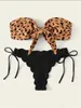 Mulheres Swimwear Beach Bikini 2023 Mulher Sexy Front Lace Up Tie Bandeau Leopard Swimsuit Feminino Push Ruffled Bow Banheira Terno Thong 230329