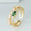 Fedi nuziali Carino femminile Rettangolo di cristallo verde Anello con pietra Zircone bianco Aperto regolabile Colore oro vintage per donna Uomo