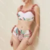 Cute Three Piece Set Swimwear Push Up Lady Bikinis with Padded Flower Printed INS Swimsuit Hot Spring Women Dress