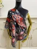 Écharpe carrée pour femmes, 100% soie sergée, couleur noire, motif de lettres et de fleurs, taille 90 à 90cm