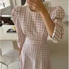 Lässige Kleider Elegantes Tweed-Kleid Damen Korean Fashion Frühling Sommer Puffärmel A-Linie Slim Plaid Pink Office Lady Vestidos