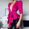 Blouses Femmes Demi Manches Noeud Taille Chemise Femmes Été Low Cutout Tops Attaché Plissé Lady Blouse Club Party Tunique Sexy Col V Rose