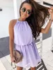 Casual Dresses Summer Halter Solid ärmlös klänning Chiffon 2023 Kvinnor Lossa A-Line Vestidos Lace Up Purple Mini Beach sundress