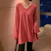 女性の Tシャツ春秋 V ネックソリッド長袖オーバーサイズベーシックオールマッチ Tシャツ女性カジュアルルーズシンプルなチュニックトップ女性