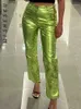 Pantaloni a gamba dritta metallizzati moda donna Pantaloni a vita elastica scintillante Streetwear Costumi Clubwear 2024 Primavera Autunno