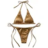 Women's Swimwear Sexy Metallic Halter Top Two Piece Swimsuit Tie Side Triangle Bikini Summer Solid Bathing Suit Beachwear Set 230331