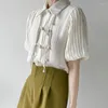 Blouses voor dames Chinese stijl Puff Mouw Korte Solid Color Summer Tops Shirt Retro Minimalistisch Blouse Elegante losse kantoor dames
