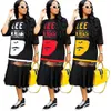 T-shirt lunga da donna con cuciture in rete stampata per abbigliamento da donna taglie forti